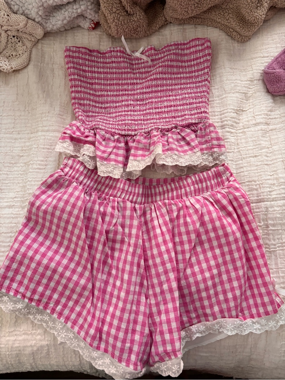 ALTRD STATE Pink Gingham Smocked Tube Top and Shorts Set